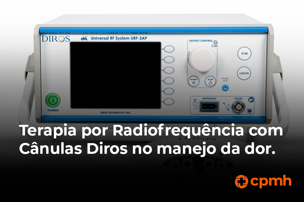 A imagem mostra um aparelho de terapia por radiofrequência, destacando a utilização das cânulas Diros no manejo da dor. As cânulas Diros são especialmente projetadas para proporcionar uma aplicação precisa da energia de radiofrequência, reduzindo o risco de danos aos tecidos saudáveis e melhorando a eficácia do tratamento.